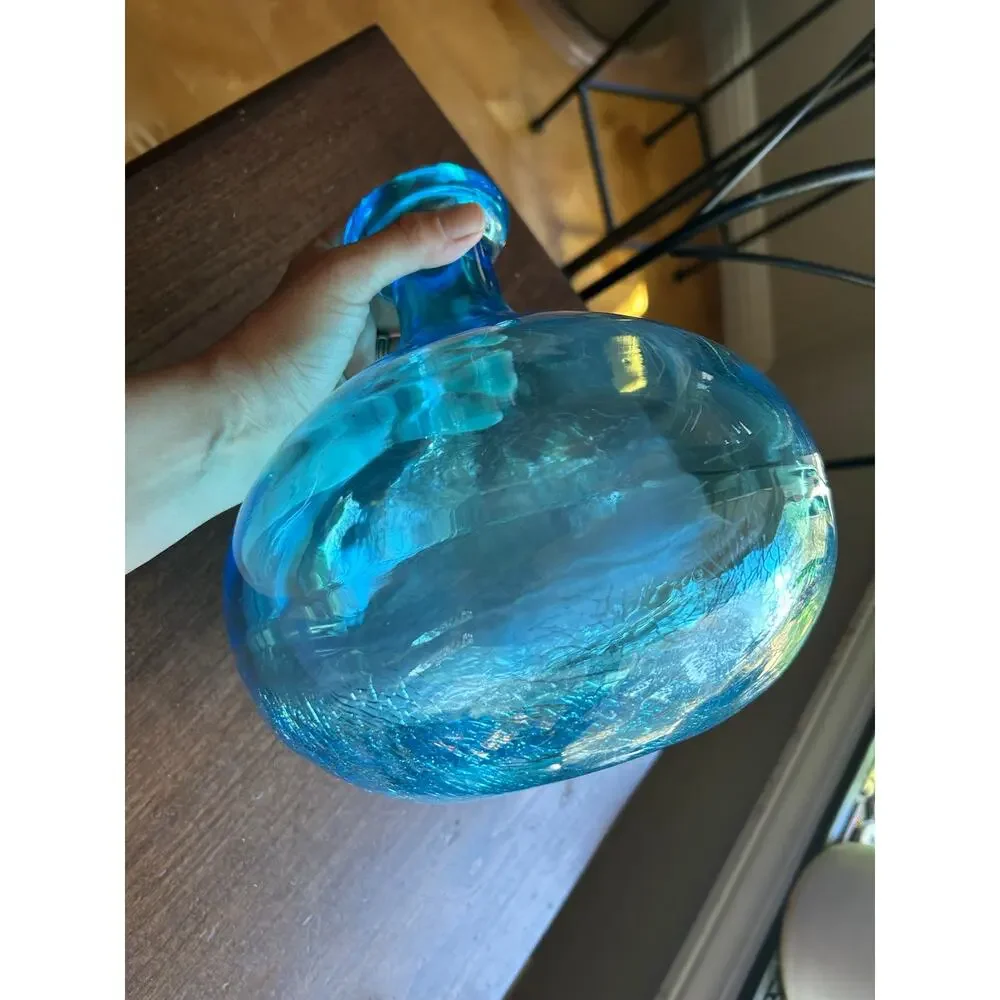 LARGE Blue Demijohn Studio Blown Glass bottle Crackled Bottom Polished Pontil